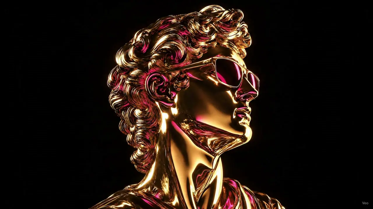 A polished gold classical sculpture transitions into a chrome and pink mechanical portal.