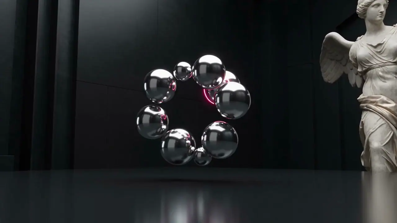 A winged marble deity and orbiting chrome spheres in a dark classical chamber.